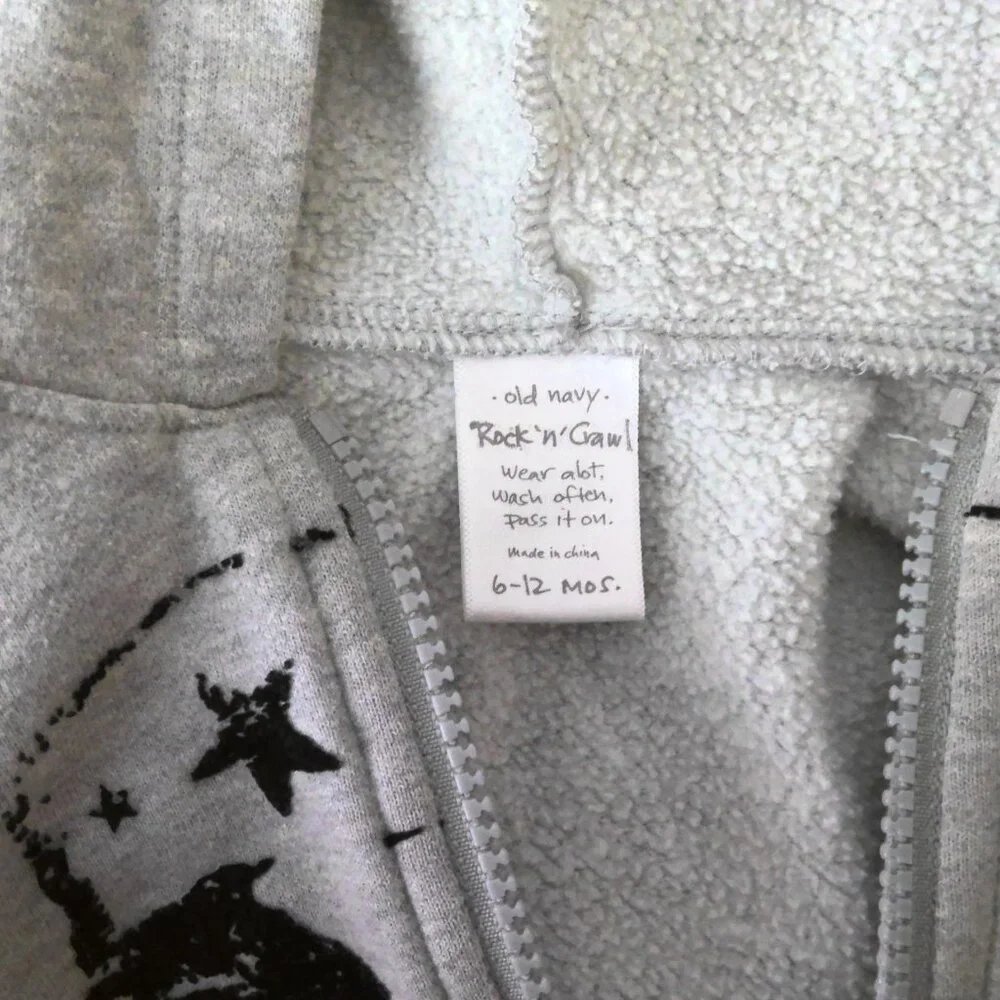 Old Navy Gray Onesie Sweatshirt Hoodie Zip Up Rock n Crawl EUC Sz 6-12 mo